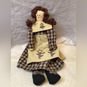 Handcrafted Blue Plaid Dress Rag Doll with Embroidered Dress Large 22" Size